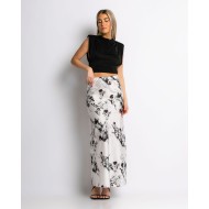 Φούστα maxi εμπριμέ σατέν εκρού