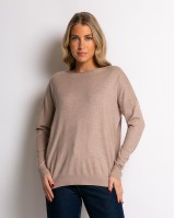 Μπλούζα μακρυμάνικη ψιλό πλεκτό με γυριστή λαιμόκοψη μπεζ σκούρο