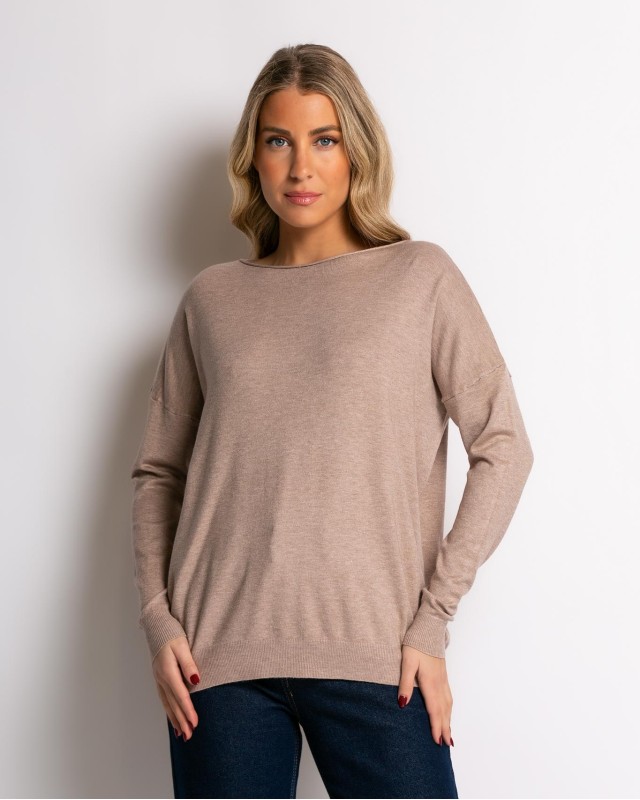 Μπλούζα μακρυμάνικη ψιλό πλεκτό με γυριστή λαιμόκοψη μπεζ σκούρο