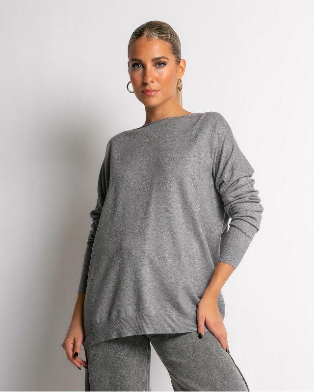 Μπλούζα μακρυμάνικη ψιλό πλεκτό με γυριστή λαιμόκοψη γκρι