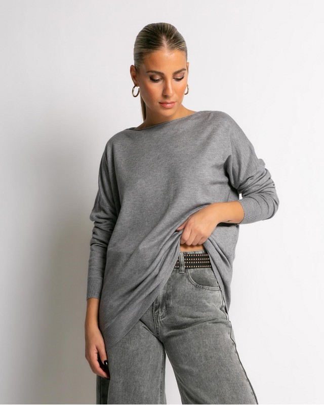 Μπλούζα μακρυμάνικη ψιλό πλεκτό με γυριστή λαιμόκοψη γκρι