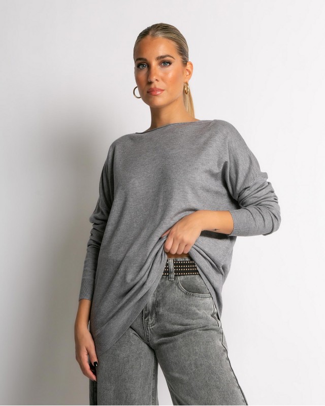 Μπλούζα μακρυμάνικη ψιλό πλεκτό με γυριστή λαιμόκοψη γκρι