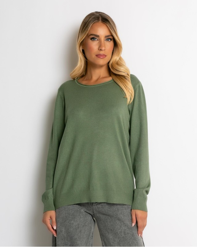 Μπλούζα ψιλό πλεκτό με λαιμόκοψη χακί