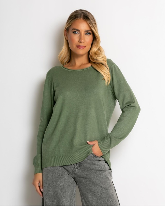 Μπλούζα ψιλό πλεκτό με λαιμόκοψη χακί