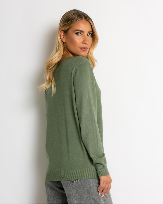 Μπλούζα ψιλό πλεκτό με λαιμόκοψη χακί