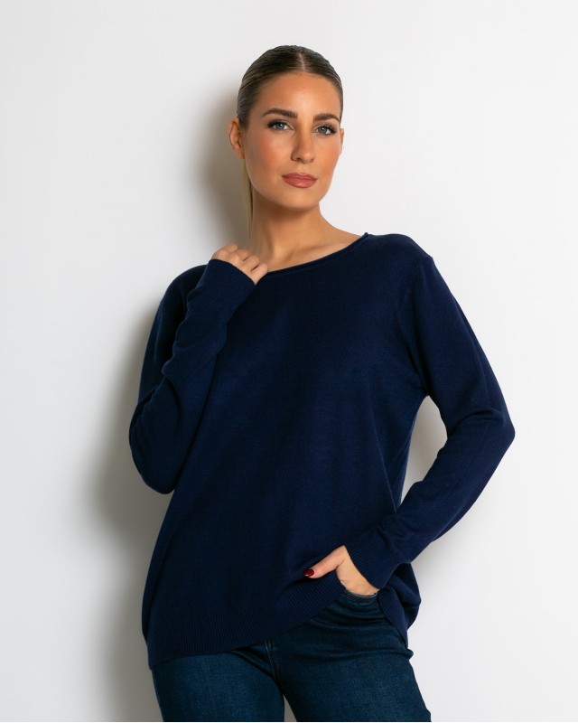 Μπλούζα ψιλό πλεκτό με λαιμόκοψη navy