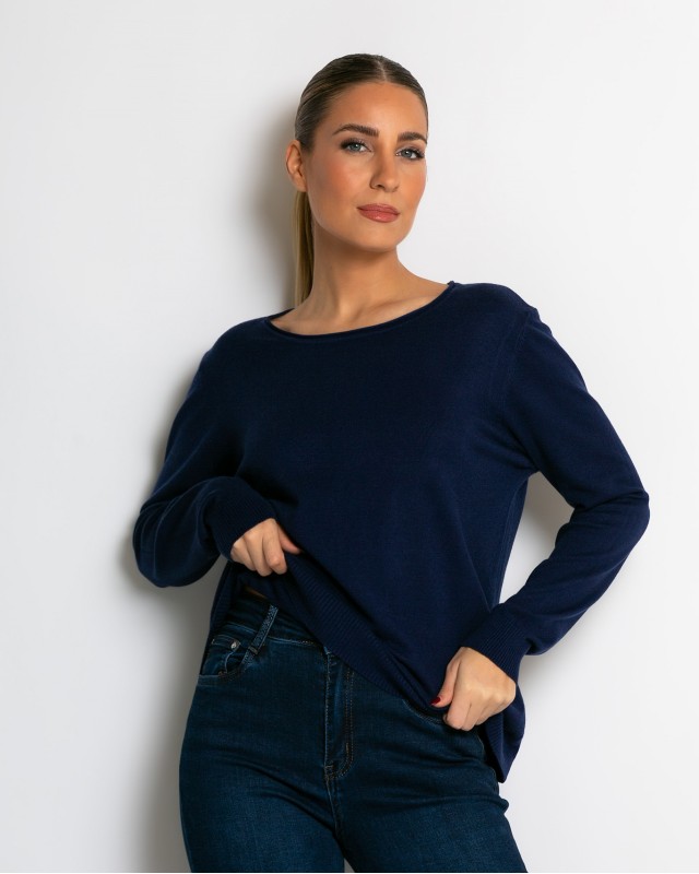 Μπλούζα ψιλό πλεκτό με λαιμόκοψη navy
