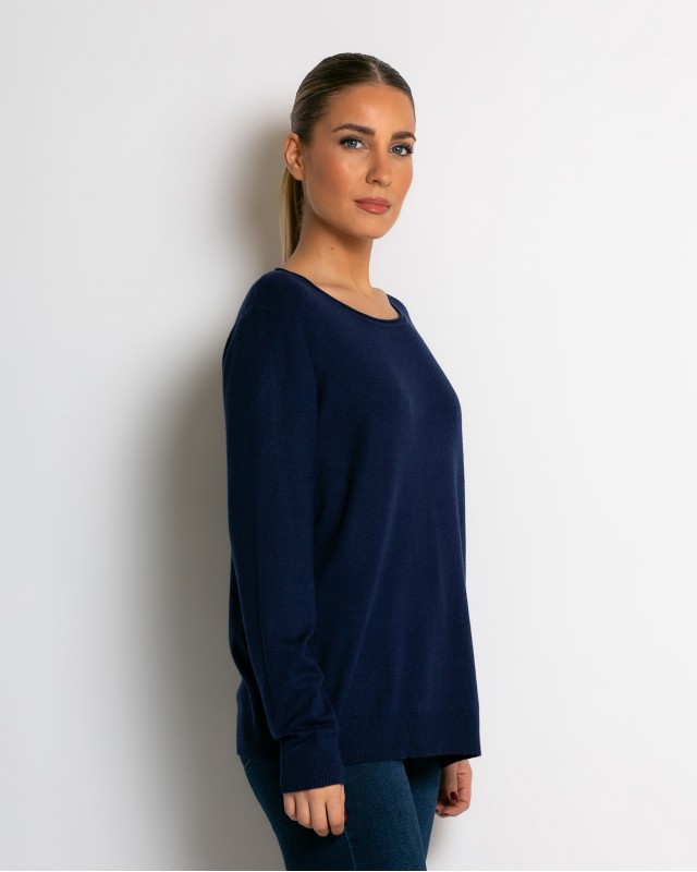 Μπλούζα ψιλό πλεκτό με λαιμόκοψη navy