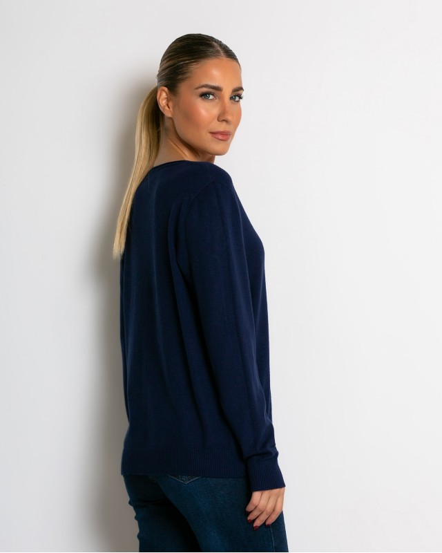 Μπλούζα ψιλό πλεκτό με λαιμόκοψη navy