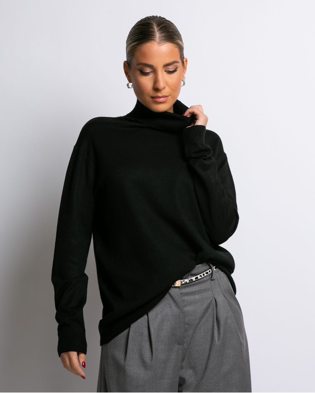 Μπλούζα ψιλό πλεκτό ζιβάγκο σε άνετη γραμμή μαύρο