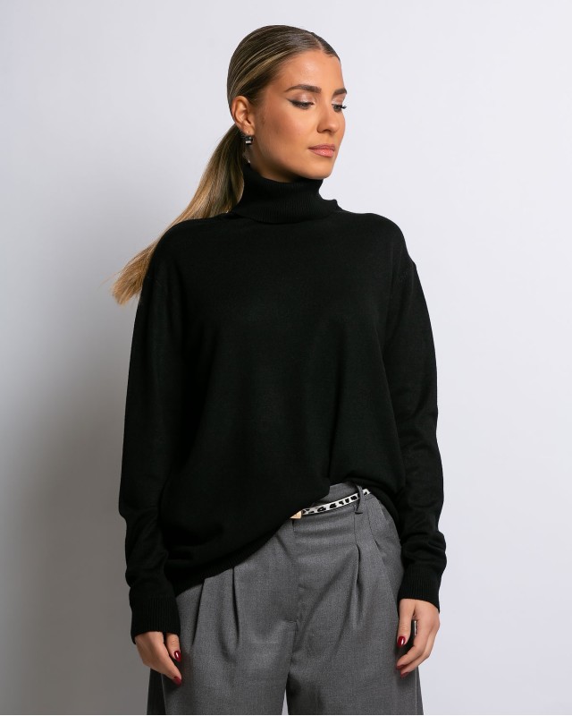 Μπλούζα ψιλό πλεκτό ζιβάγκο σε άνετη γραμμή μαύρο