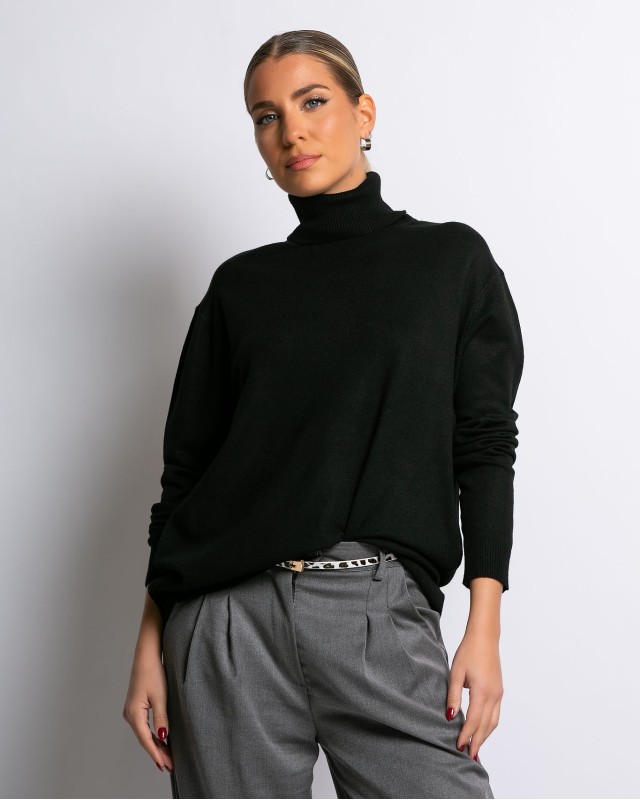 Μπλούζα ψιλό πλεκτό ζιβάγκο σε άνετη γραμμή μαύρο