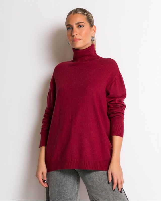 Μπλούζα ψιλό πλεκτό ζιβάγκο σε άνετη γραμμή μπορντώ