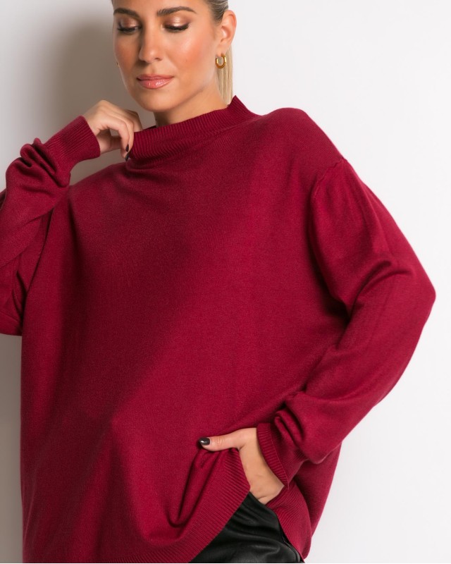 Μπλούζα ψιλό πλεκτό απαλή υφή με λουπέτο μπορντώ