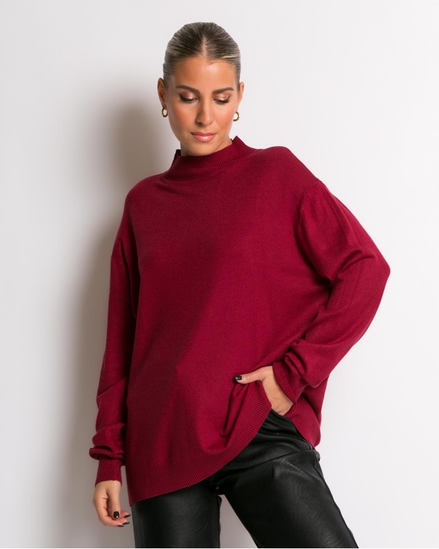 Μπλούζα ψιλό πλεκτό απαλή υφή με λουπέτο μπορντώ