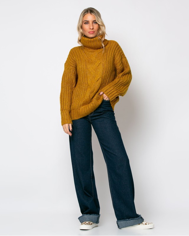 Πλεκτό ζιβάγκο με κοτσίδα μουσταρδί