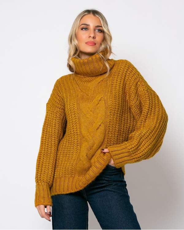 Πλεκτό ζιβάγκο με κοτσίδα μουσταρδί