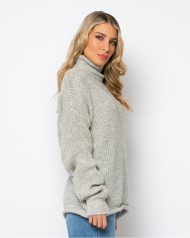 Μπλούζα πλεκτή ζιβάγκο με γύρισμα στο τελείωμα γκρι μελανζέ light