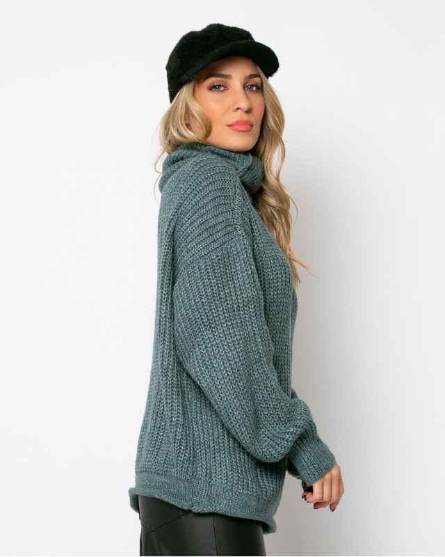 Μπλούζα πλεκτή ζιβάγκο με γύρισμα στο τελείωμα πετρόλ