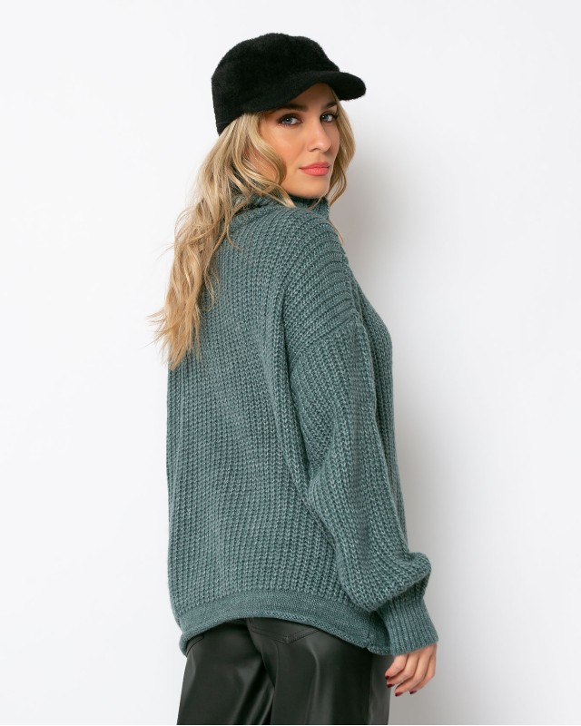 Μπλούζα πλεκτή ζιβάγκο με γύρισμα στο τελείωμα πετρόλ