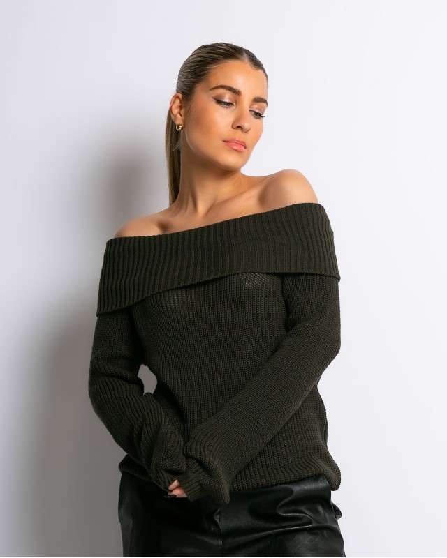 Πλεκτό πουλόβερ με έξω ώμους χακί