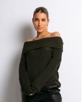 Πλεκτό πουλόβερ με έξω ώμους χακί