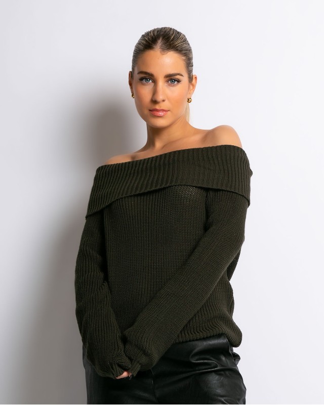 Πλεκτό πουλόβερ με έξω ώμους χακί