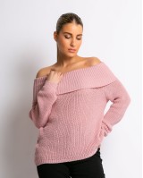 Πλεκτό πουλόβερ με έξω ώμους ροζ