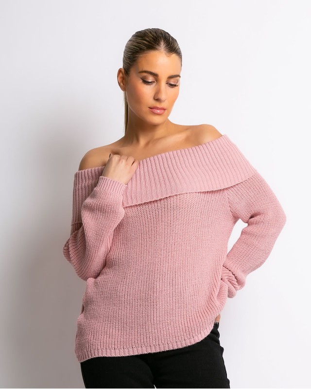 Πλεκτό πουλόβερ με έξω ώμους ροζ