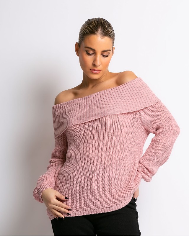 Πλεκτό πουλόβερ με έξω ώμους ροζ