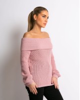 Πλεκτό πουλόβερ με έξω ώμους ροζ