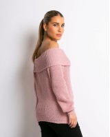 Πλεκτό πουλόβερ με έξω ώμους ροζ