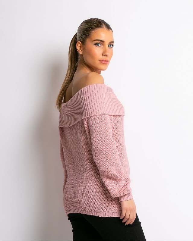 Πλεκτό πουλόβερ με έξω ώμους ροζ