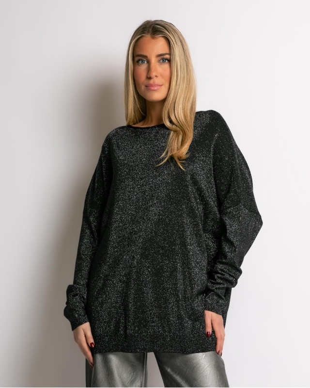 Μπλούζα ψιλό πλεκτό με κλειστή λαιμόκοψη λούρεξ μαύρο