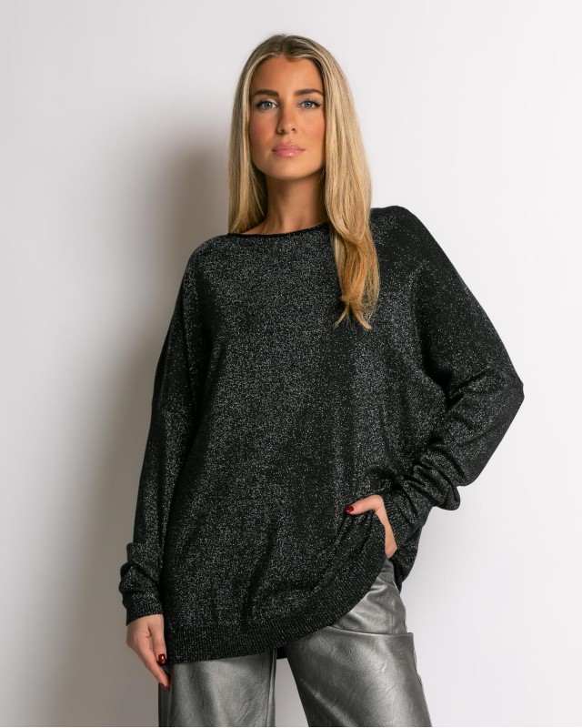 Μπλούζα ψιλό πλεκτό με κλειστή λαιμόκοψη λούρεξ μαύρο