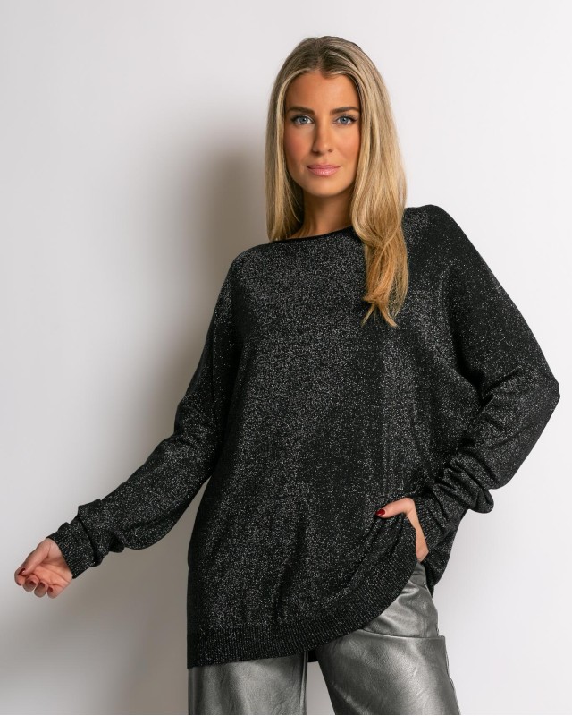 Μπλούζα ψιλό πλεκτό με κλειστή λαιμόκοψη λούρεξ μαύρο