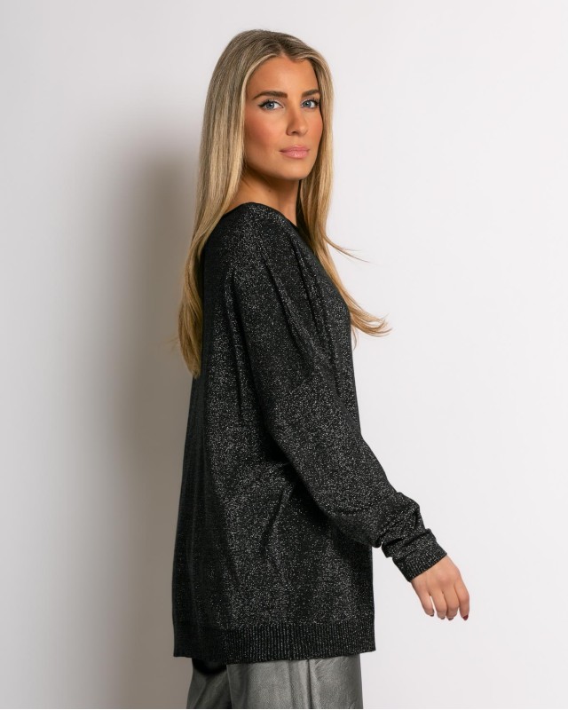 Μπλούζα ψιλό πλεκτό με κλειστή λαιμόκοψη λούρεξ μαύρο