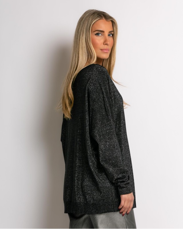 Μπλούζα ψιλό πλεκτό με κλειστή λαιμόκοψη λούρεξ μαύρο