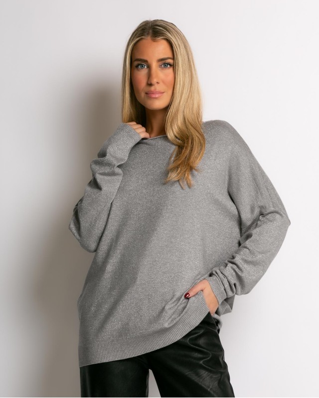 Μπλούζα ψιλό πλεκτό με κλειστή λαιμόκοψη λούρεξ γκρι