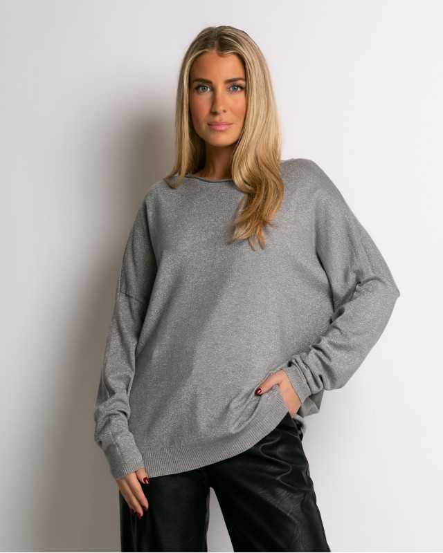 Μπλούζα ψιλό πλεκτό με κλειστή λαιμόκοψη λούρεξ γκρι