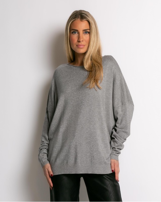 Μπλούζα ψιλό πλεκτό με κλειστή λαιμόκοψη λούρεξ γκρι