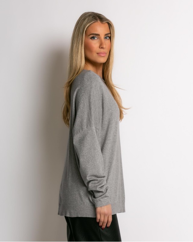 Μπλούζα ψιλό πλεκτό με κλειστή λαιμόκοψη λούρεξ γκρι