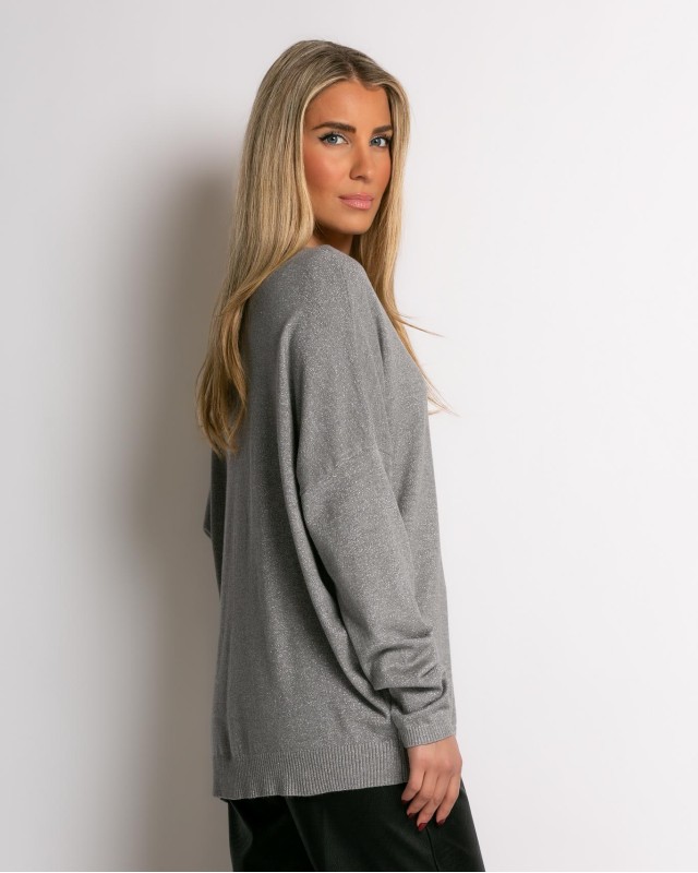 Μπλούζα ψιλό πλεκτό με κλειστή λαιμόκοψη λούρεξ γκρι