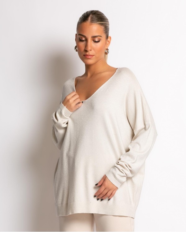 Μπλούζα ψιλό πλεκτό απαλή υφή με "V" λούρεξ μπεζ