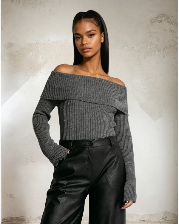 Μπλούζα ριπ με έξω ώμους ανθρακί