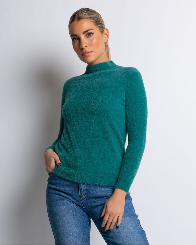 Μπλούζα πλεκτή με χνούδι λουπέτο πετρόλ