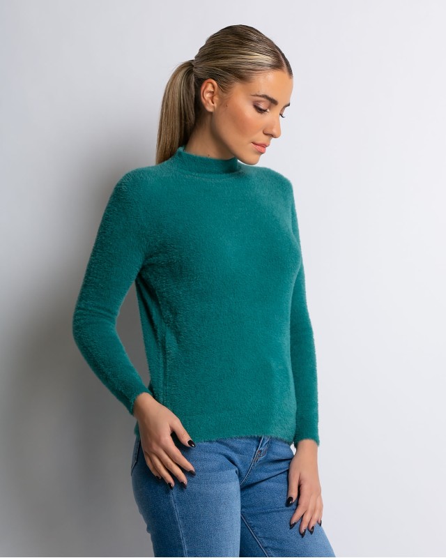 Μπλούζα πλεκτή με χνούδι λουπέτο πετρόλ