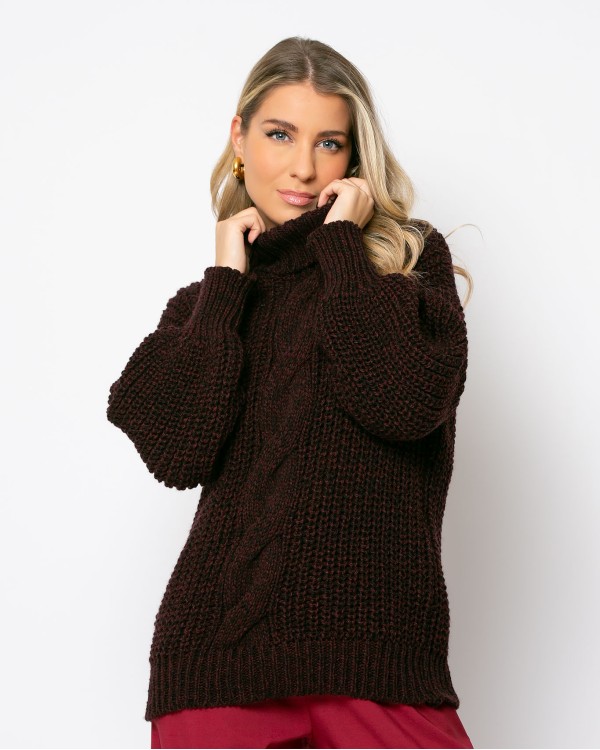 Πλεκτό ζιβάγκο με κοτσίδα μπορντώ