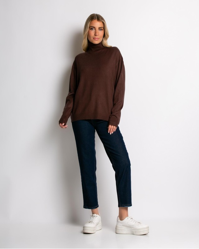 Μπλούζα πλεκτή απαλή υφή ζιβάγκο καφέ