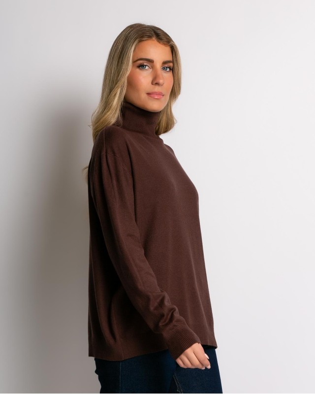 Μπλούζα πλεκτή απαλή υφή ζιβάγκο καφέ